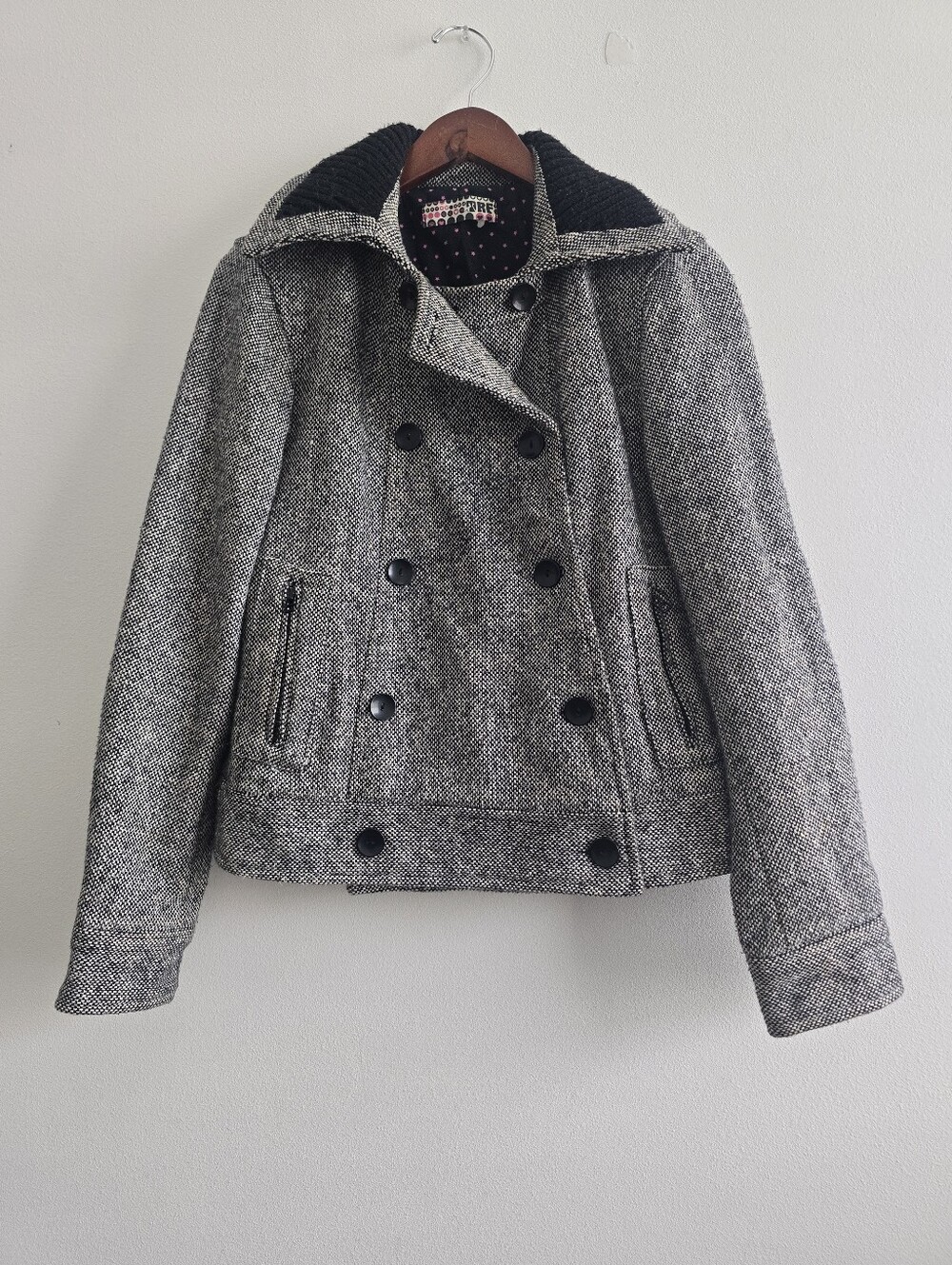 ZARA Tweed Double Breasted Pea Coat Jacket Large Black White Knit Collar Sz L